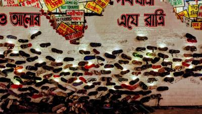 Hundreds of sandals can be spotted on the ground which symbolise the scenes from an agitation where protesters lose their shoes in stampedes due to police action. Photo: HImadri Ghosh
