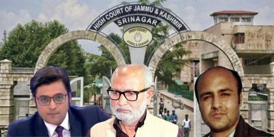 Arnab Goswami, Naeem Akhtar and Aditya Raj Kaul with the Jammu and Kashmir high court in the background. Illustration: The Wire