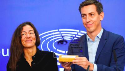 Sandrine Rigaud and Laurent Richard of Forbidden Stories, at the award ceremony in Brussels in Thursday where the international media consortium which reported the Pegasus Project received the Daphne Caruana Galizia Prize for Journalism from the European Union. The Wire is a member of the consortium. Photo: Twitter/@Europarl_EN