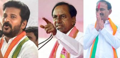 Left to right: TPCC president Revanth Reddy, Telangana chief minister K. Chandrashekhar Rao and BJP candidate Eatala Rajender. Photos: PTI, Facebook Illustration: The Wire