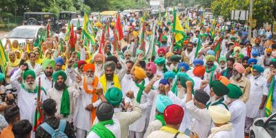 Farm leaders and farmers stage a protest over violence in Lakhimpur Kheri on Sunday, in Patiala, Monday, Oct. 4, 2021. Photo: PTI