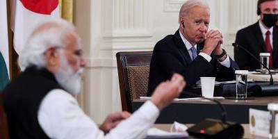 US President Joe Biden listens as India's Prime Minister Narendra Modi speaks during a 'Quad nations' meeting in the White House, US, September 24, 2021. Photo: Reuters/Evelyn Hockstein