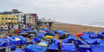  Beach side temporary shops covered by polythene sheets in the wake of Cyclone Jawad, in Puri, Saturday, Dec. 4, 2021. Photo: PTI
