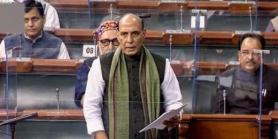 Defence minister Rajnath Singh briefs the parliament on the Indian Air Force chopper crash in Tamil Nadu yesterday,in which 13 of the 14 people on board including Chief of Defence General Staff Bipin Rawat and his wife were killed, New Delhi, December 9, 2021. Photo: LSTV grab via PTI
