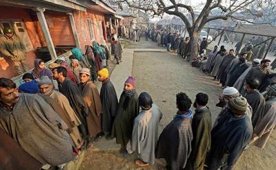 Voters at a polling booth in Budgam district in Jammu and Kashmir. Photo: PTI/Files