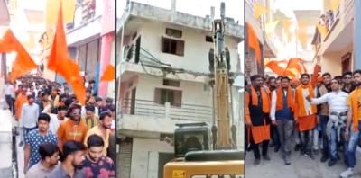 Centre: Khalil Khatri's house being razed. Right and left: Hindutva organisations' Shourya Yatra in Madhya Pradesh's Dhar district. Photos: Video screengrabs/Kashif Kakvi