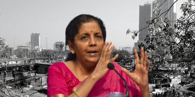 Finance minister Nirmala Sitharaman. In the background are Mumbai slums and highrises. Photos: PTI and Flickr/Sarah Jamerson (CC BY-NC-ND 2.0)