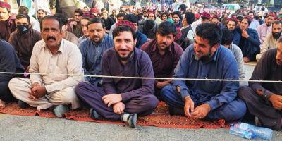 Manzoor Pashteen (centre) leading the sit-in in Karachi. Photo: Veengas