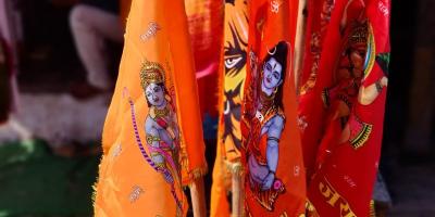 Flags with images of Hindu deities on them. Photo: Ismat Ara/The Wire