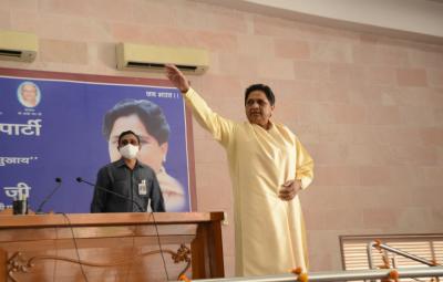Mayawati's first appearance after the defeat in the elections at the BSP office in Lucknow. Photo: BSP Office