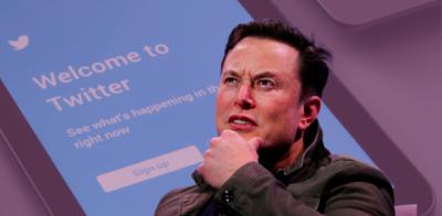 Elon Musk. In the background is a phone showing Twitter's log-in page. Photos: Reuters, Creative Commons. Illustration: The Wire