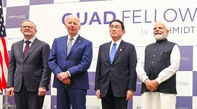 Prime Minister Narendra Modi, Prime Minister of Japan Fumio Kishida, U.S. President Joe Biden and Australian Prime Minister Anthony Albanese launch the Quad Fellowship, during the Quad Leaders’ Summit at Kantei Palace, in Tokyo, Tuesday, May 24, 2022. Photo: PTI/@PMOIndia