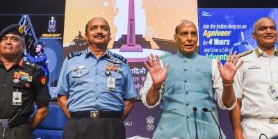 Defence minister Rajnath Singh with the three services' chiefs, General Manoj Pande (Army), Air Chief Marshal V.R. Chaudhari and Admiral R. Hari Kumar (Navy) during a press conference at the National Media Center, in New Delhi,  June 14, 2022. Photo: PTI/Manvender Vashist