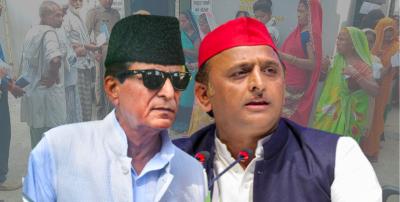 Azam Khan and Akhilesh Yadav. In the background are voters queuing to vote in the Rampur bypolls. Photos: PTI