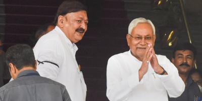  Patna: Bihar Chief Minister Nitish Kumar and Congress MLA Ajit Sharma arrive to attend the Monsoon Session of State Assembly, in Patna, Monday, June 27, 2022. Photo: PTI
