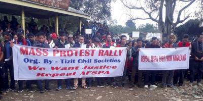 Locals stage a protest demanding repeal of Armed Forces (Special Powers) Act in Mon district of Nagaland, Saturday, December 11, 2021. Photo: PTI