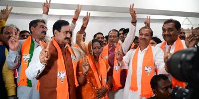 BJP leaders and workers celebrate after the announcement of a part of the civic poll results at a party office in Madhya Pradesh. Photo: By arrangement