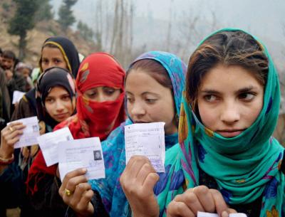 Representative image. Voters stand in a queue to cast their votes in the assembly elections in J&K in 2016. Photo: PTI/File
