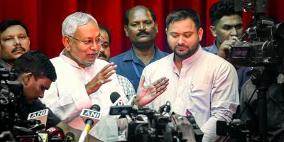 Bihar Chief MInister Nitish Kumar with his deputy Tejaswi Yadav speaks to the media after their swearing-in ceremony at Rajbhawan in Patna, Wednesday, Aug. 10, 2022. Photo: PTI
