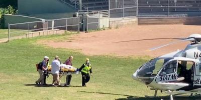Author Salman Rushdie is transported to a helicopter after he was stabbed on stage before his scheduled speech at the Chautauqua Institution, Chautauqua, New York, US, August 12, 2022, in this screengrab taken from a social media video. Photo: Twitter @HoratioGates3 /via Reuters