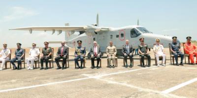 Top Indian and Sri Lankan officials with President Ranil Wickremesinghe at the event to mark India handing over Dornier maritime surveillance aircraft to Sri Lanka in Colombo on Monday, August 15. Photo: Twitter.