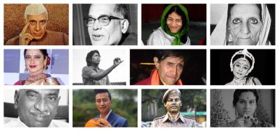 Top row (left to right): Jawaharlal Nehru, Jayaprakash Narayan, Irom Sharmila, Shah Bano. Second row (left to right): Rekha, Jhulan Goswami, Dev Anand, Sanjukta Panigrahi. Third row: K. Kamaraj, Bhaichung Bhutia, Albert Ekka, Madhabi Mukherjee. Illustration: The Wire.  Sanjukta Panigrahi (Photo: srjan.com). 