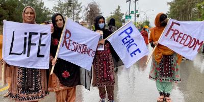 From left to right: Seema Baloch, Mahrang Baloch, Sumeena Baloch  and Sammi Baloch at the Red Zone protest. Photo: By arrangement