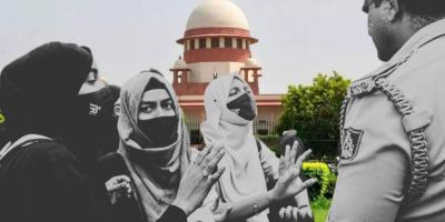 Girls in hijab speak to a police officer in Karnataka. In the background is the SC. Photos: PTI.