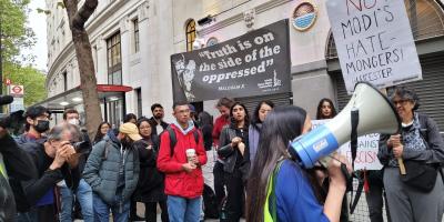 Activists from multiple organisations protest outside the Indian High Commission in London appealing for peace in Leicester. Photo: South Asia Solidarity Network.
