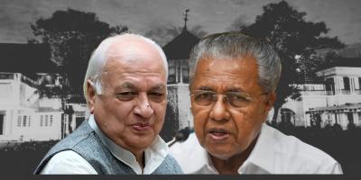 Arif Mohammad Khan and Pinarayi Vijayan. In the background is the Kerala Raj Bhavan. Photos: PTI and official government websites.