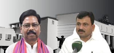 Union minister and BJP leader Bishweswar Tudu on the left and  BJD's general secretary Bijay Nayak on the right. In the background is Odisha assembly. Illustration: The Wire. Photos: Facebook and YouTube. 