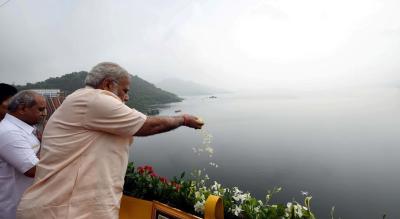 Prime Minister Narendra Modi at the Sardar Sarovar dam on his birthday in 2017. Credit: Twitter/PMOIndia
