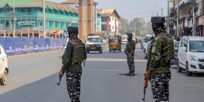 CRPF personnel stand guard in Srinagar. Photo: PTI