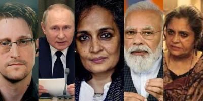 From left to right: Edward Snowden, Vladimir Putin, Arundhati Roy, Narendra Modi and Teesta Setalvad. Photos: Reuters, PTI.