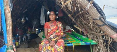 K. Subhashini, eight-months pregnant, in her makeshift hut in Pulaputturu village. Photo: G. Ram Mohan.