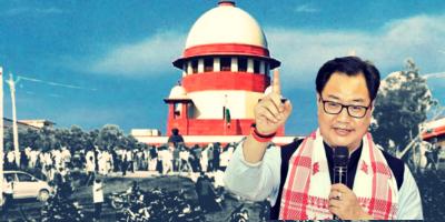 Union law minister Kiren Rijiju with the Supreme Court in the background. Illustration: The Wire