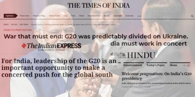 E-paper clippings of headlines from newspaper editorials on India's G20 presidency laid over an image of Prime Minister Modi being handed the presidency by Indonesian President Joko Widodo. Illustration: The Wire.