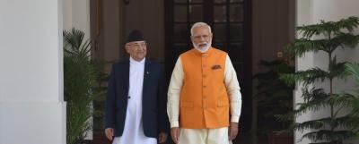 Nepali Prime Minister K.P Sharma Oli and Indian Prime Minister Narendra Modi at Hyderabad House in 2019. Photo: MEAIndia/Twitter