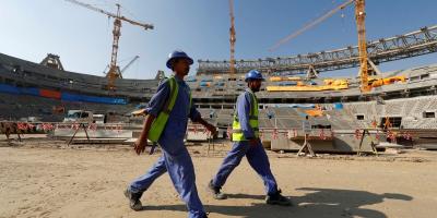 Workers are seen inside the Lusail stadium which is under construction for the upcoming 2022 Fifa soccer World Cup during a stadium tour in Doha, Qatar, December 20, 2019. REUTERS/Kai Pfaffenbach.