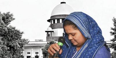 Bilkis Bano. In the background is the Supreme Court. Photos: PTI