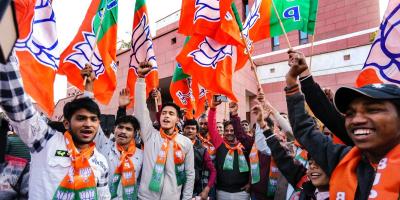 BJP workers celebrate the party's victory in the Gujarat assembly elections, at BJP headquarters in New Delhi, December 8, 2022. Photo: PTI/Vijay Verma