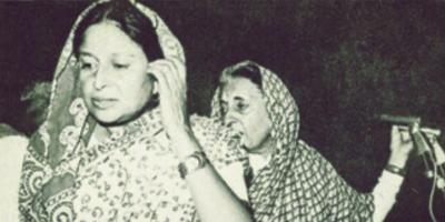 Mohsina Kidwai with Indira Gandhi in the background. Photo: Twitter/@MohsinaKidwai