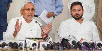 File image: Bihar chief minister Nitish Kumar with RJD leader Tejashwi Yadav addresses a press conference after an all-party meeting on the caste-based census in the state, at Samvad Hall in Patna, Wednesday, June 1, 2022. Photo: PTI. 