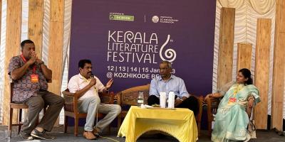 (L-R) Ravi Deecee, V.J. James, David Davidar and Aditi Maheshwari Goyal at the Kerala Literature Festival.