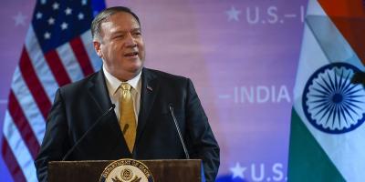 Former US secretary of state Mike Pompeo delivers a policy speech at the India International Centre in New Delhi on    June 26, 2019. Photo: PTI/Kamal Singh