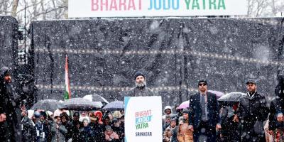 Congress leader Rahul Gandhi during an event held in Srinagar, Kashmir, to mark the conclusion of Bharat Jodo Yatra on January 30, 2023. Photo: Twitter/@RahulGandhi.