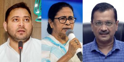 Tejashwi Yadav, Mamata Banerjee and Arvind Kejriwal. Photos: PTI, Twitter Collage: The Wire