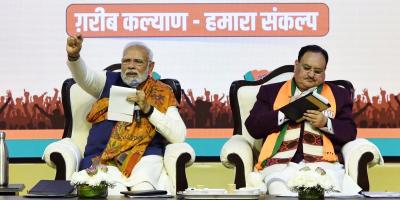 Prime Minister Narendra Modi and J.P. Nadda at the BJP national executive meaning. Photo: Twitter/@narendramodi
