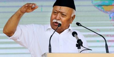 Mohan Bhagwat speaking on the RSS's foundation day. Photo: PTI/File