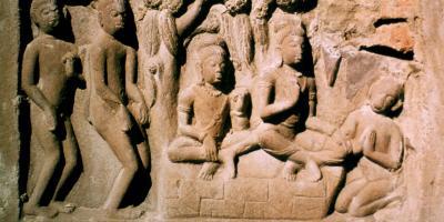 Part of a Ramayana panel  in a Parvati temple at Nachna, Madhya Pradesh. Rama and Lakshman are shown seated in the forest and Hanuman has come to pay his respects to them.
Photo: nroer.gov CC-By-SA 4.0 
